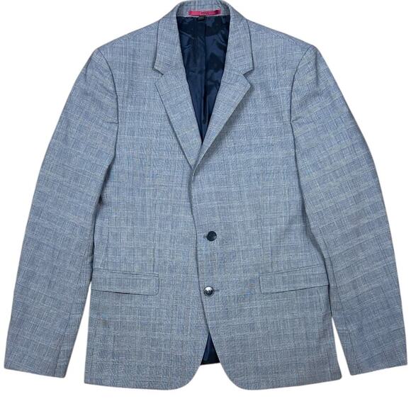 Hugo Boss Astian 184 Slim Fit Blazer 44R Navy Blue Plaid Wool Blend Sport Coat - Picture 1 of 7